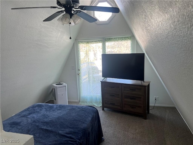 bedroom featuring access to exterior, carpet flooring, lofted ceiling, and a textured wall