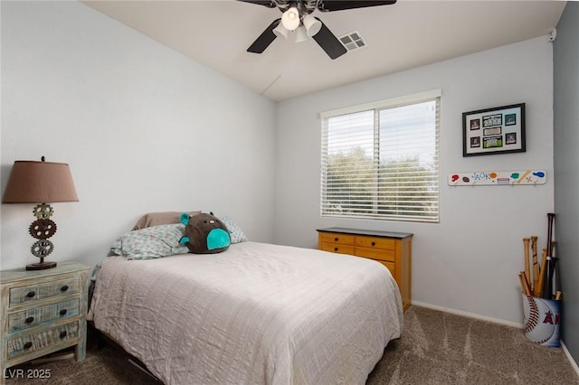 bedroom featuring a ceiling fan, baseboards, visible vents, lofted ceiling, and carpet flooring