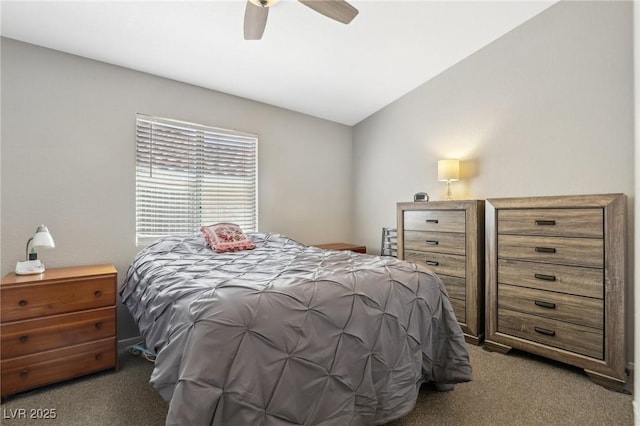 bedroom featuring carpet floors, a ceiling fan, and vaulted ceiling