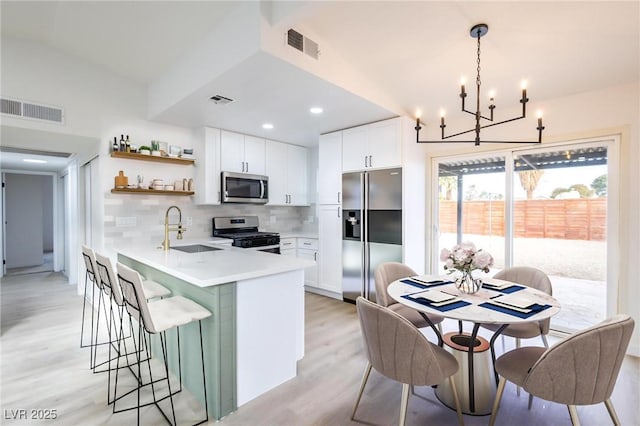 kitchen featuring tasteful backsplash, visible vents, a peninsula, stainless steel appliances, and a sink