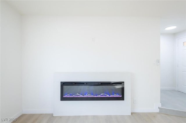 details featuring a glass covered fireplace, wood finished floors, and baseboards