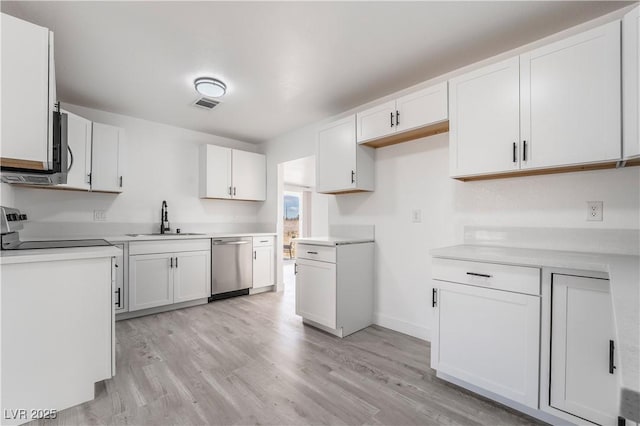 kitchen featuring a sink, white cabinets, visible vents, and stainless steel appliances