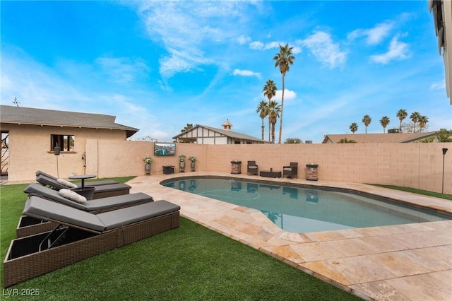 view of swimming pool featuring a fenced in pool, a patio, and a fenced backyard