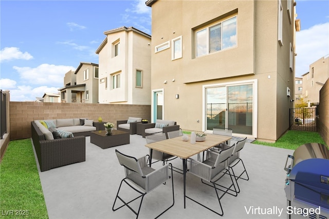 view of patio with grilling area, an outdoor hangout area, outdoor dining space, and fence