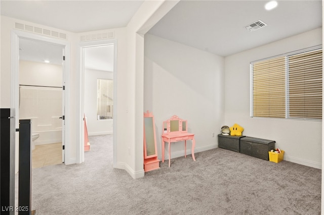 game room featuring visible vents, baseboards, and carpet flooring