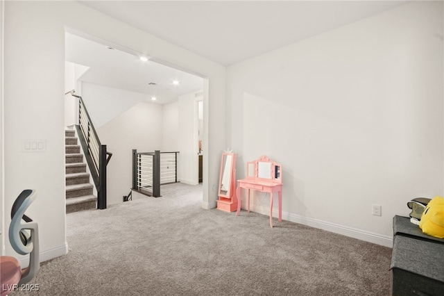 rec room with carpet flooring, recessed lighting, and baseboards