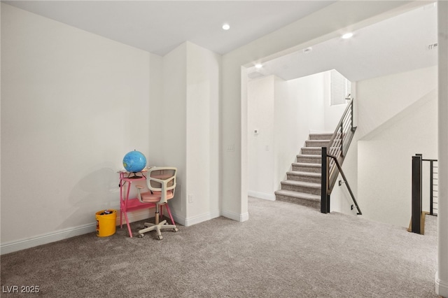 rec room featuring carpet flooring, recessed lighting, and baseboards