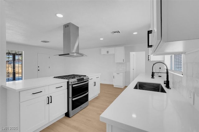 kitchen featuring ventilation hood, visible vents, light wood finished floors, range with two ovens, and a sink