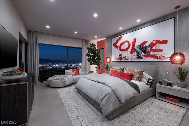 tiled bedroom featuring recessed lighting