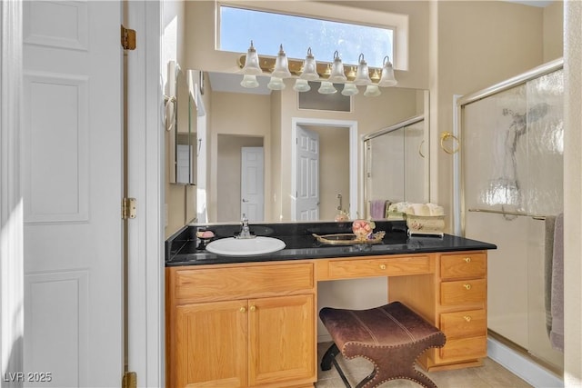 full bathroom with a towering ceiling, a stall shower, and vanity