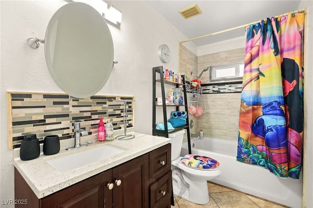 full bath with visible vents, shower / tub combo, tile patterned floors, toilet, and backsplash