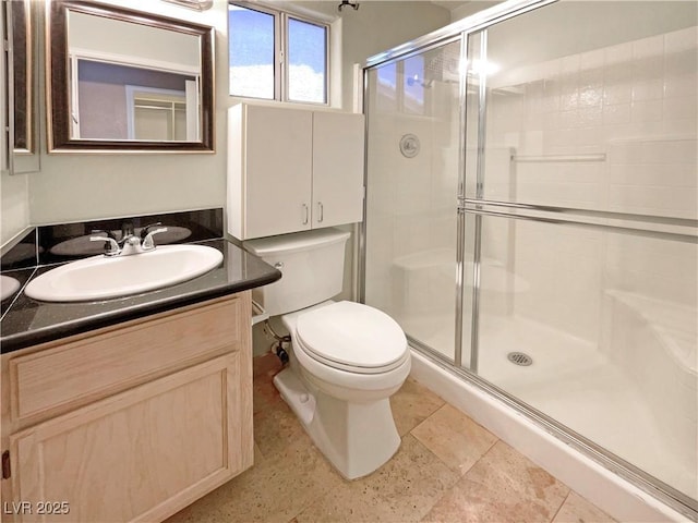 bathroom with vanity, toilet, and a shower stall