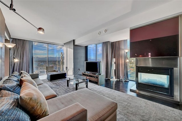 living area featuring wood finished floors, expansive windows, plenty of natural light, and a multi sided fireplace