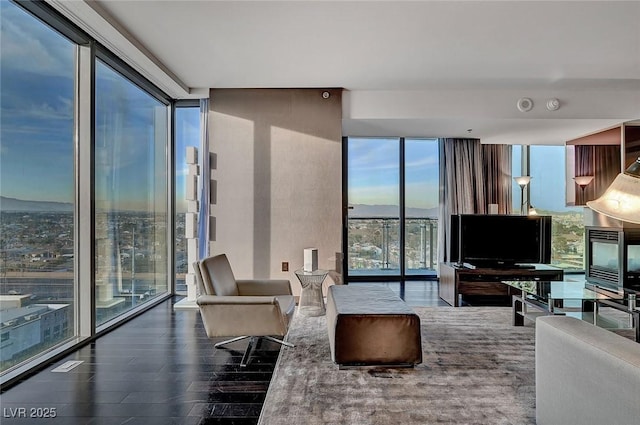 living area featuring expansive windows and wood finished floors