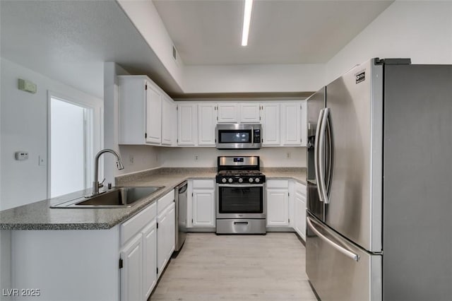 kitchen with a sink, stainless steel appliances, light wood-type flooring, and white cabinetry