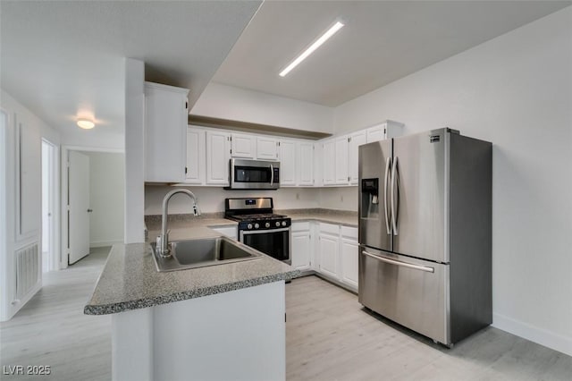 kitchen featuring a sink, visible vents, appliances with stainless steel finishes, and white cabinetry