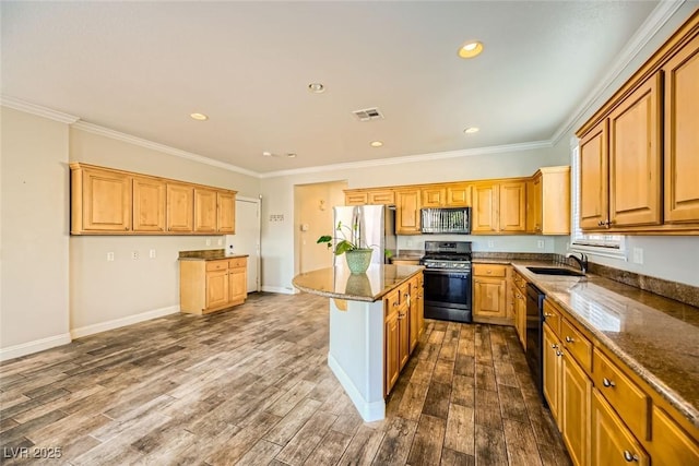 kitchen featuring dark stone counters, dark wood-style flooring, appliances with stainless steel finishes, and a sink