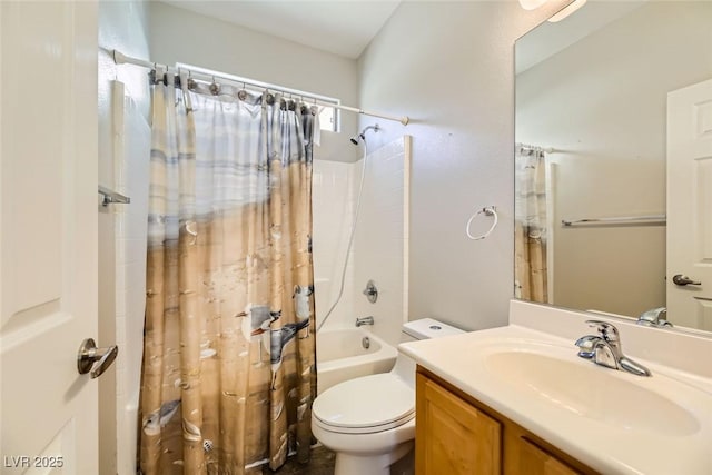 full bathroom featuring shower / bath combo with shower curtain, toilet, and vanity