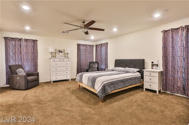 carpeted bedroom with recessed lighting and ceiling fan