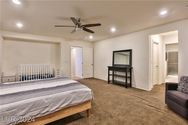 carpeted bedroom with a ceiling fan, visible vents, recessed lighting, and baseboards