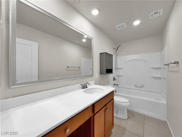 bathroom featuring visible vents, shower / washtub combination, vanity, and tile patterned flooring