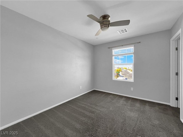 unfurnished room with visible vents, a ceiling fan, baseboards, and dark colored carpet