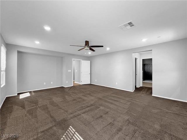 carpeted spare room with recessed lighting, visible vents, baseboards, and a ceiling fan