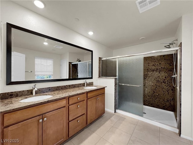 bathroom featuring a sink, visible vents, a stall shower, and double vanity