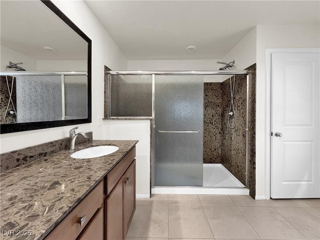 full bathroom featuring vanity, a shower stall, and tile patterned floors