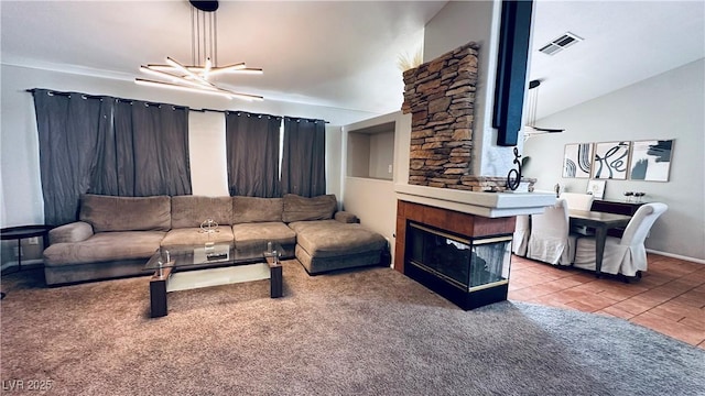 living area with vaulted ceiling, visible vents, a multi sided fireplace, and carpet floors