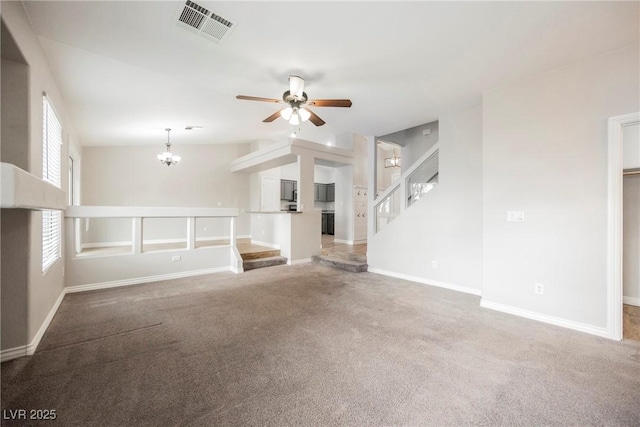 unfurnished living room with visible vents, stairs, baseboards, and carpet floors