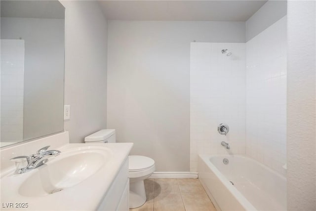 full bathroom featuring vanity, baseboards, shower / bath combination, tile patterned floors, and toilet