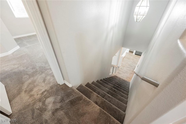 stairs featuring carpet flooring, baseboards, and a wealth of natural light