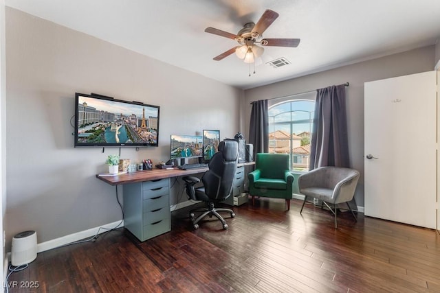 office with visible vents, a ceiling fan, baseboards, and wood finished floors