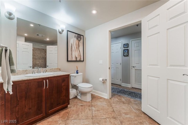 full bath with tile patterned flooring, visible vents, baseboards, toilet, and vanity