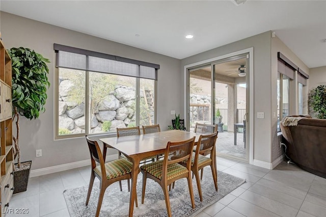 dining space with light tile patterned floors, recessed lighting, baseboards, and ceiling fan