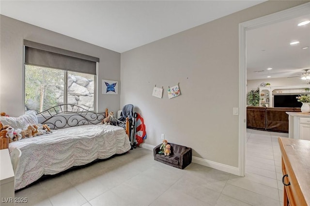 bedroom featuring recessed lighting, baseboards, and light tile patterned floors