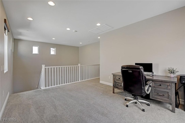 office with recessed lighting, visible vents, baseboards, and carpet flooring