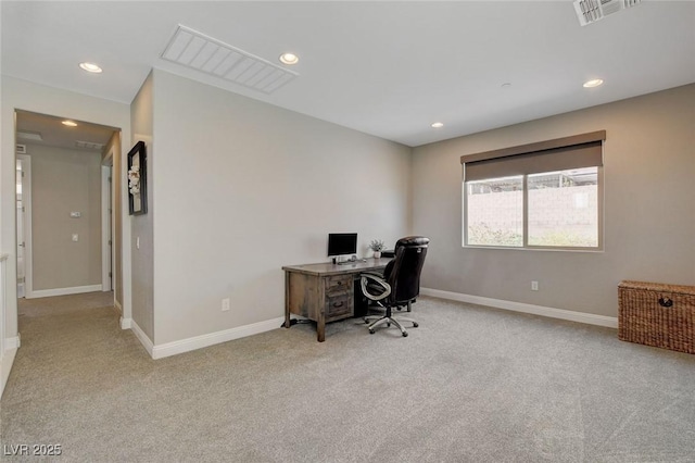 office area with recessed lighting, visible vents, and baseboards