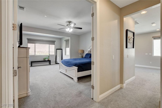 bedroom with recessed lighting, baseboards, visible vents, and carpet floors