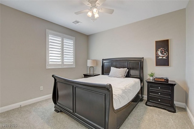 bedroom featuring light carpet, visible vents, a ceiling fan, and baseboards