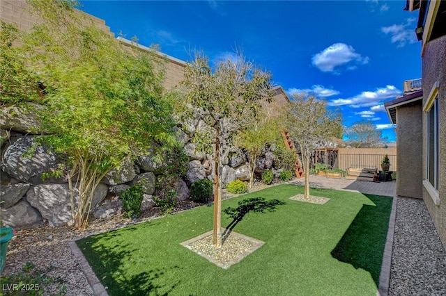 view of yard featuring a fenced backyard and a patio area