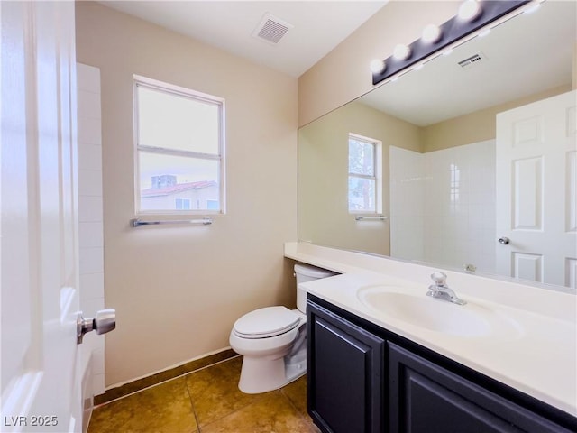 full bathroom featuring vanity, tile patterned floors, toilet, and visible vents