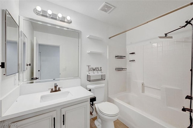 bathroom featuring visible vents, shower / bathtub combination, toilet, and vanity