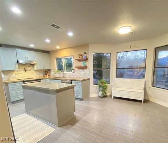 kitchen featuring visible vents, under cabinet range hood, a sink, light countertops, and decorative backsplash