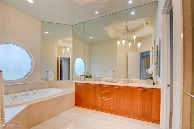 bathroom featuring double vanity, recessed lighting, a sink, tile patterned flooring, and a garden tub