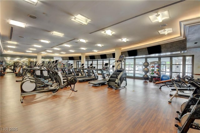 workout area with a raised ceiling and wood finished floors