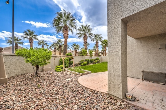 view of yard featuring a fenced backyard, a patio, and a garden