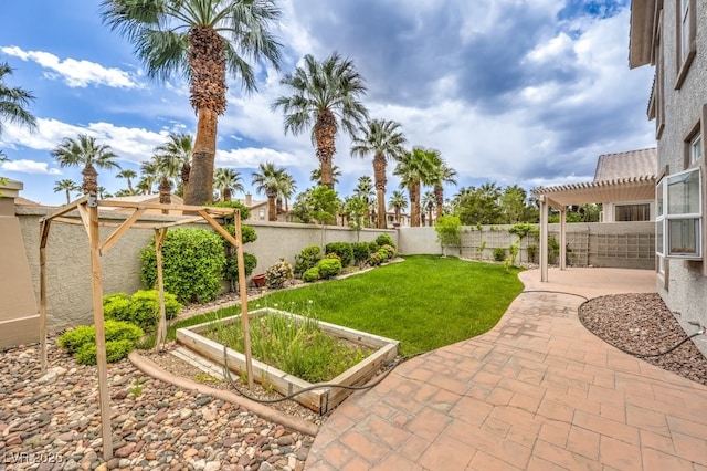 view of yard with a patio area, a vegetable garden, a fenced backyard, and a pergola