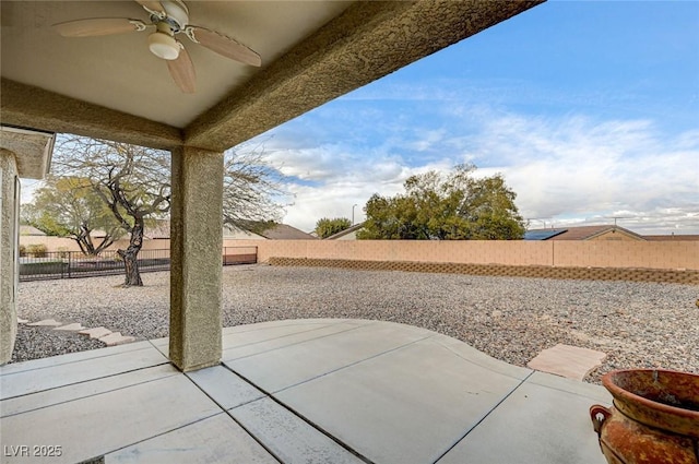 view of patio / terrace featuring a ceiling fan and a fenced backyard